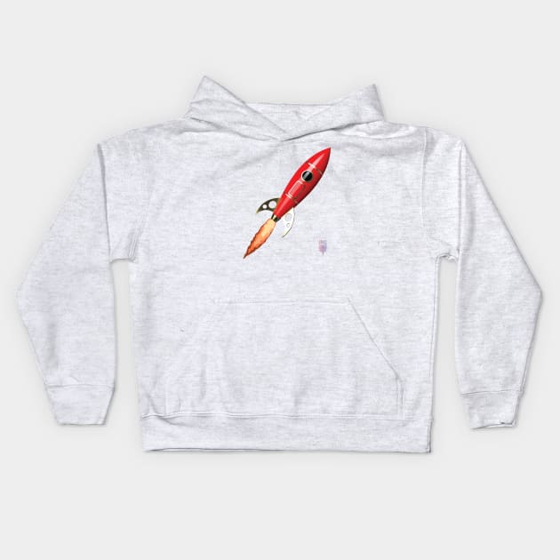 Red Retro Rocket Kids Hoodie by at1102Studio